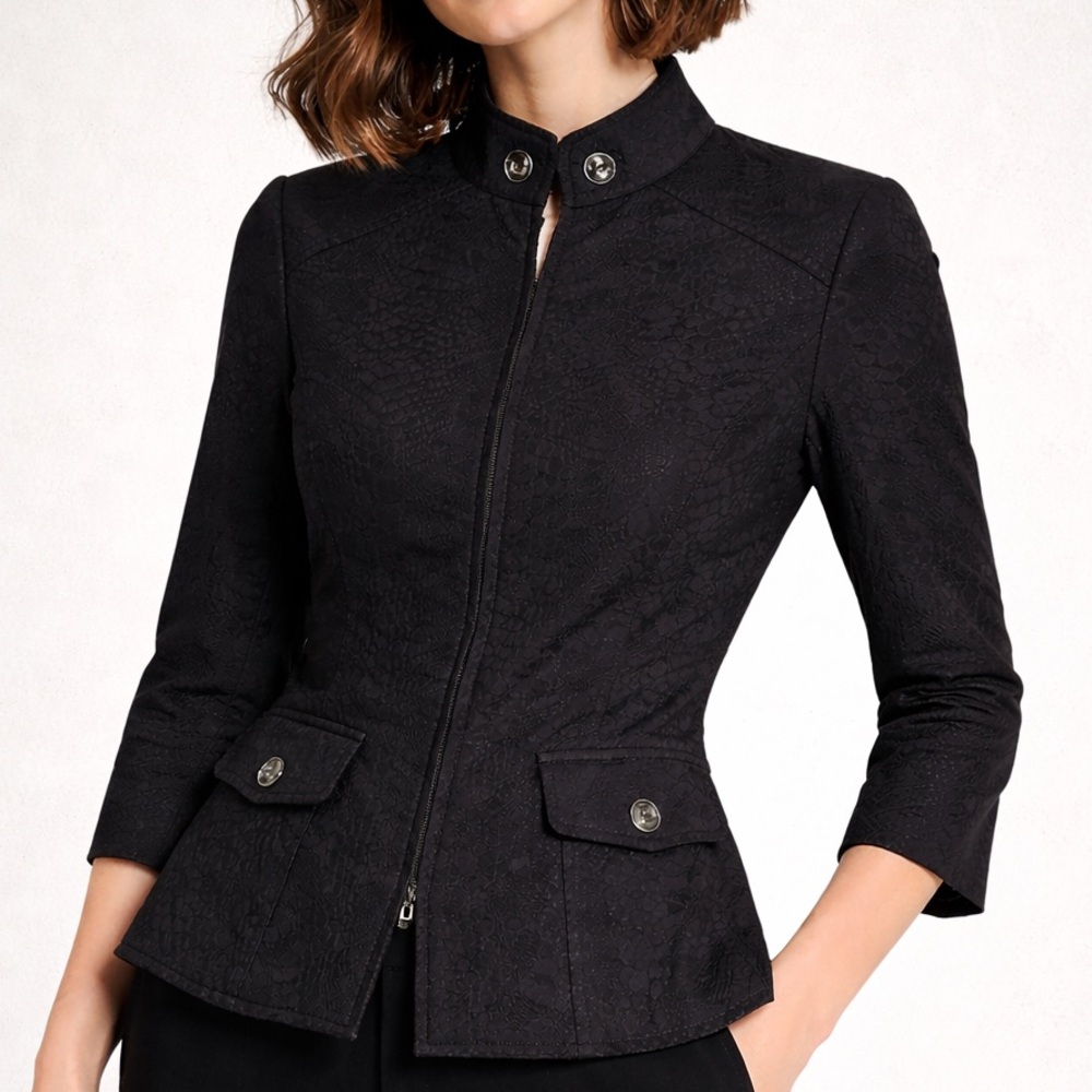 St John Black Textured Peplum Jacket 3/4 Sleeve Zip Up Front Designer Blazer